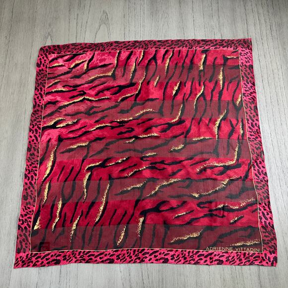 Adrienne Vittadini Red Animal Print Silk Scarf Tiger Cheetah Leopard 21"x21" - Picture 2 of 9